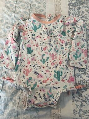 Ruffle Butts Baby Cactus Print Long Sleeve One-Piece Swim Suit - Pink & Mint